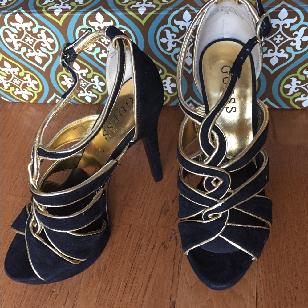 Guess Black and Gold Strappy Heels